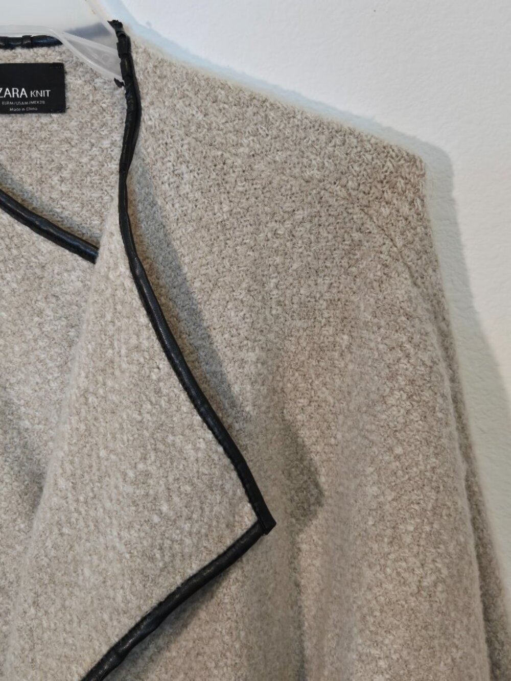 Zara Knit open front cardigan with leather trim size m cream sand color - Picture 4 of 7